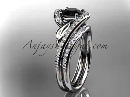 14k white gold diamond leaf and vine wedding ring, engagement set with a Black Diamond center stone ADLR317S