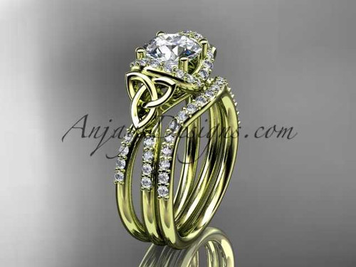 14kt yellow gold diamond celtic trinity knot wedding ring, engagement set with a "Forever One" Moissanite center stone CT7155S