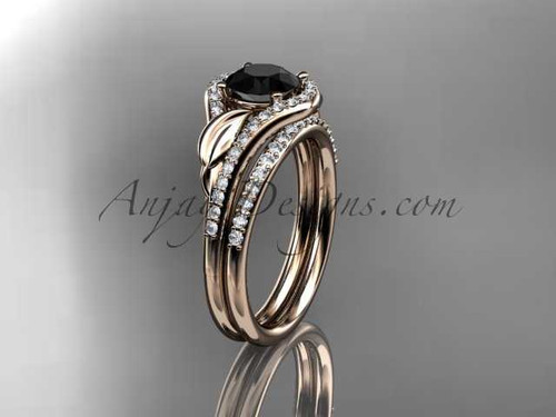 14kt rose gold diamond leaf wedding set, engagement set with a Black Diamond center stone ADLR334