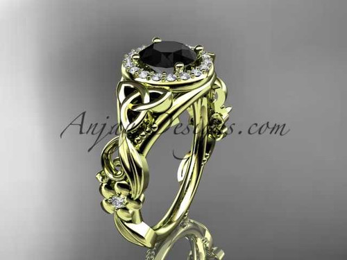 14kt yellow gold diamond celtic trinity knot wedding ring, engagement ring with a Black Diamond center stone CT7300