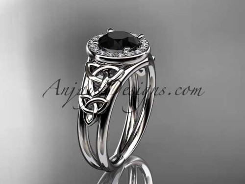 14kt white gold diamond celtic trinity knot wedding ring, engagement ring with a Black Diamond center stone CT7131