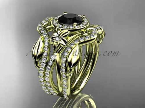 14kt yellow gold diamond leaf and vine, flower engagement ring, wedding ring, with Black Diamond center stone and double matching band ADLR89S