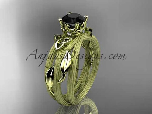 14kt yellow gold diamond celtic trinity knot wedding ring, engagement ring with a Black Diamond center stone CT7253