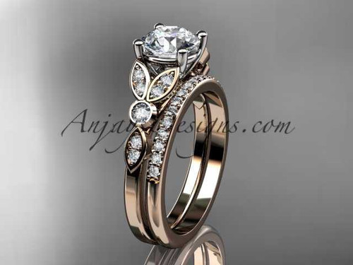 14k rose gold unique engagement set, wedding ring with a "Forever One" Moissanite center stone ADLR387S