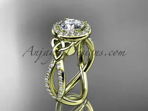 14kt yellow gold diamond celtic trinity ring, triquetra ring, Irish engagement ring with a "Forever One" Moissanite center stone CT7374 14kt yellow gold diamond celtic trinity ring, triquetra ring, Irish engagement ring with a "Forever One" Moissanite center stone CT7374