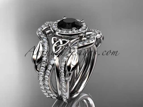 14kt white gold celtic trinity knot engagement ring, wedding ring with a Black Diamond center stone and double matching band CT789S