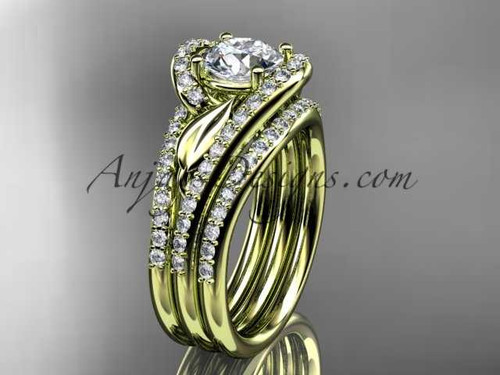 14k yellow gold diamond leaf and vine wedding ring, engagement ring with a double matching band ADLR317S