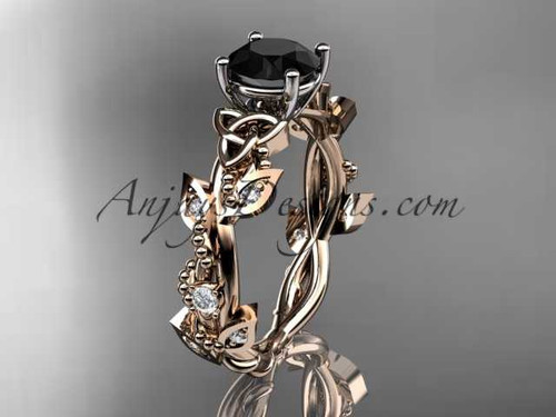 14kt rose gold celtic trinity knot engagement ring, wedding ring with a Black Diamond center stone CT759