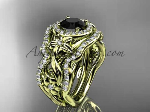 Flower Diamond Halo Engagement Ring with Matching Wedding Bands, 14kt Yellow Gold Black Diamond Ring ADLR300