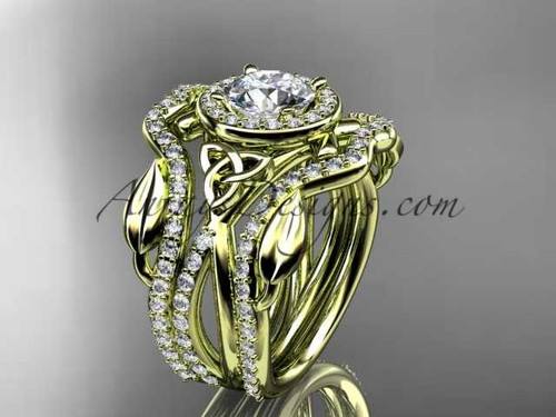 14kt yellow gold celtic trinity knot engagement ring, wedding ring with a "Forever One" Moissanite center stone and double matching band CT789S