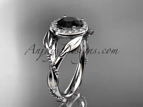 14kt white gold diamond leaf and vine wedding ring,engagement ring with a Black Diamond center stone ADLR328