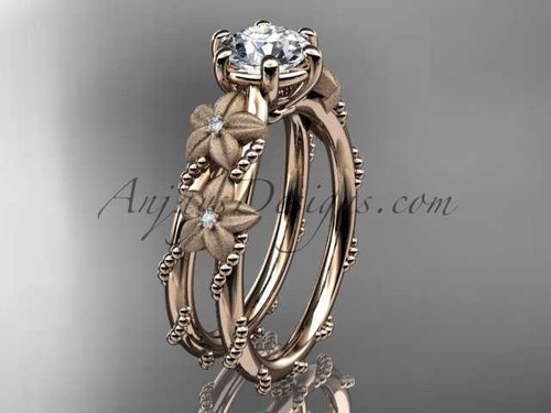 14kt rose gold diamond floral, leaf and vine wedding ring, engagement ring with "Forever One" Moissanite center stone ADLR66