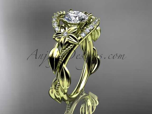14kt yellow gold diamond unique engagement ring, wedding ring with a "Forever One" Moissanite center stone ADLR326