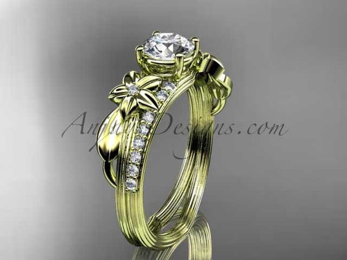 14kt yellow gold diamond leaf and vine wedding ring, engagement ring with a "Forever One" Moissanite center stone ADLR331