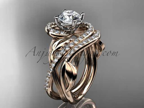 Unique 14kt rose gold diamond leaf and vine wedding set, engagement set ADLR222S