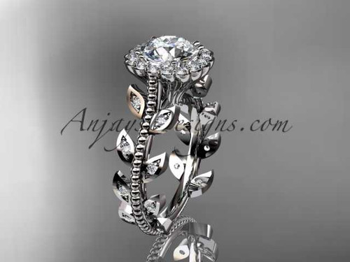 14k white gold diamond leaf and vine wedding ring, engagement ring with a "Forever One" Moissanite center stone ADLR118