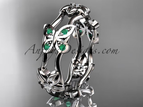 Incredible Amazing Butterfly Wedding Band with Emeralds, White Gold Flower Engagement Ring ADLR153B