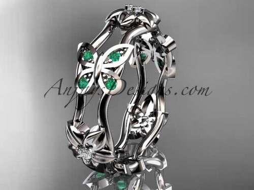 Incredible Amazing Butterfly Wedding Band with Emeralds, 14kt White Gold Flower Engagement Ring ADLR153B