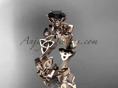 14kt rose gold diamond celtic trinity knot wedding ring, engagement ring with a Black Diamond center stone CT7209