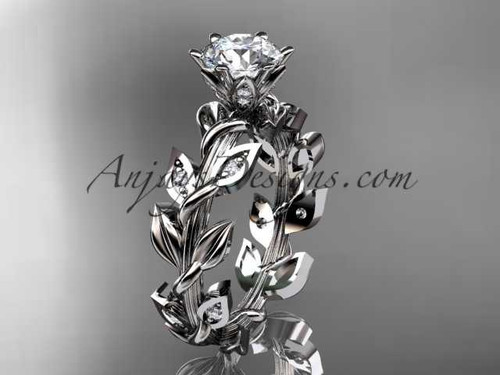 1ct lab grown diamond engagement ring, 14k white gold leaf vine unique