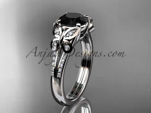 platinum diamond unique engagement ring, butterfly ring, wedding ring with a Black Diamond center stone ADLR514