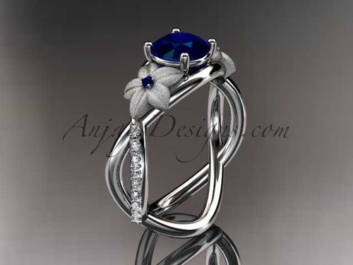 14kt white gold diamond leaf and vine birthstone ring ADLR90 Sapphire - September\'s birthstone. nature inspired jewelry