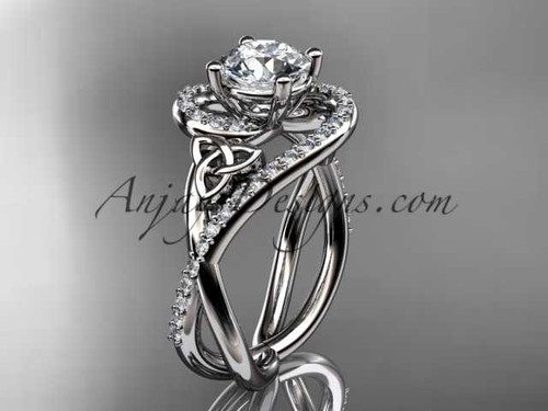 platinum diamond celtic trinity knot wedding ring, engagement ring with a "Forever One" Moissanite center stone CT7320
