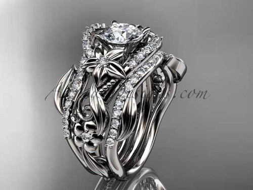 14kt white gold diamond leaf and vine engagement ring with double matching band ADLR211S