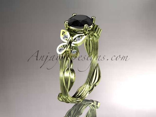 14kt yellow gold diamond leaf and vine wedding ring, engagement ring with a Black Diamond center stone ADLR251