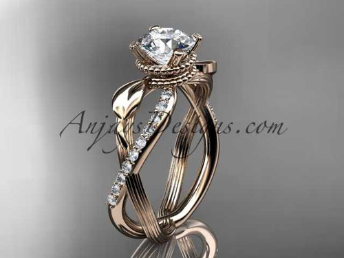 14kt rose gold diamond leaf and vine wedding ring, engagement ring with "Forever One" Moissanite center stone ADLR70