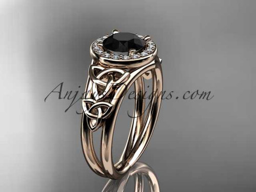 14kt rose gold diamond celtic trinity knot wedding ring, engagement ring with a Black Diamond center stone CT7131