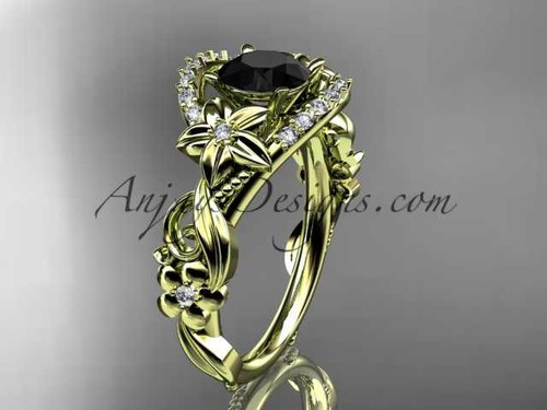 14k yellow gold flower diamond unique engagement ring with a Black Diamond center stone ADLR211