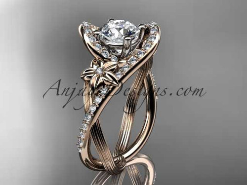 14k rose gold leaf and flower diamond unique engagement ring, wedding ring with a "Forever One" Moissanite center stone ADLR369