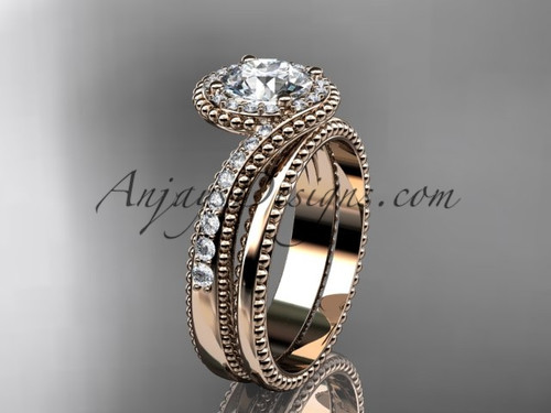 14kt rose gold halo diamond engagement set with a "Forever One" Moissanite center stone ADLR379S