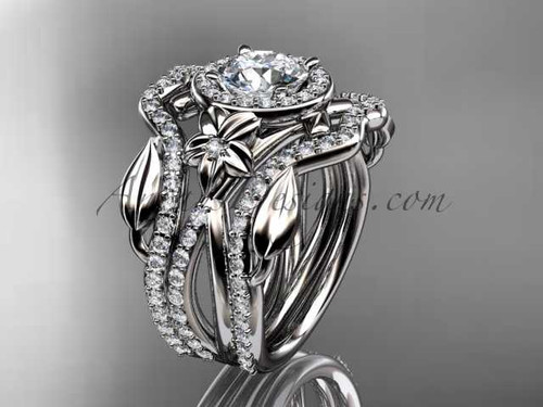 Platinum diamond leaf and vine, flower engagement ring, wedding ring, with "Forever One" Moissanite center stone and double matching band ADLR89S