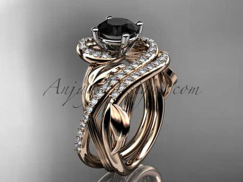 Unique 14kt rose gold diamond leaf and vine wedding set, engagement set with a Black Diamond center stone ADLR222S