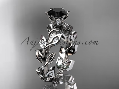 14k white  gold diamond leaf and vine engagement ring with a Black Diamond center stone ADLR124