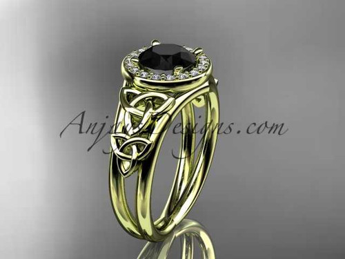 Irish Black Diamond Wedding Ring, Amazing 14kt Yellow Gold Celtic Trinity Knot Engagement Ring CT7131