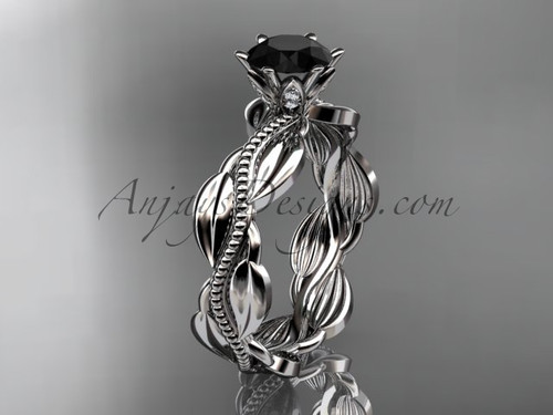 Nature Inspired Black Diamond Ring, Platinum Leaf Wedding Rings For Women