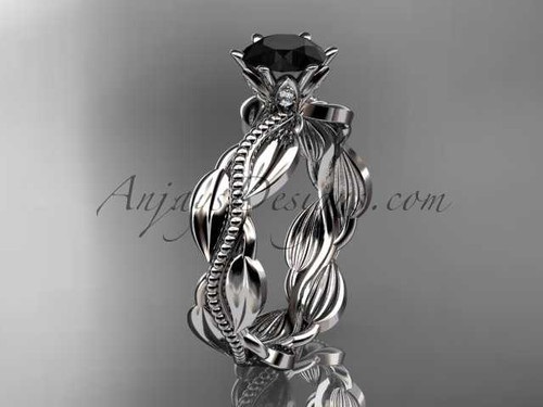Artisan Black Diamond Engagement Ring, Platinum Leaf and Vine Wedding Ring ADLR258