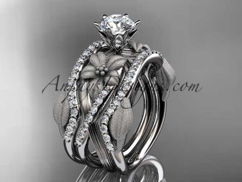 Unique platinum diamond flower, leaf and vine wedding ring, engagement ring with a "Forever One" Moissanite center stone and double matching band ADLR221S
