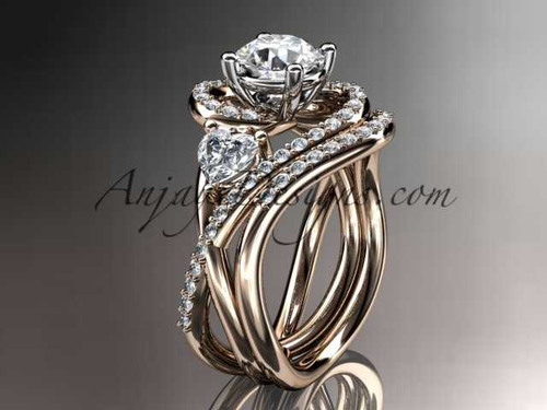 Handcrafted Diamond Bridal Set, 14kt Rose Gold Heart Engagement Ring and Diamond Wedding Band ADLR320S