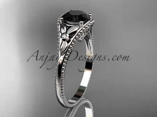 platinum leaf and flower diamond unique engagement ring with a Black Diamond center stone ADLR377