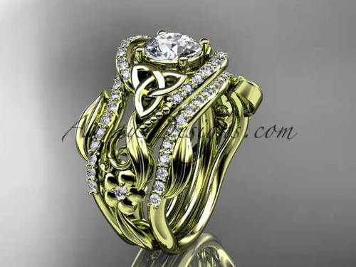 14kt yellow gold diamond celtic trinity knot wedding ring, engagement ring with a double matching band CT7211S
