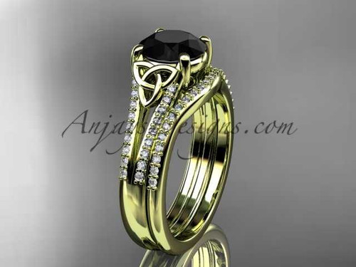 Luxury Celtic Wedding Set, 14kt Yellow Gold Black Diamond Trinity Knot Bridal Ring CT7108S