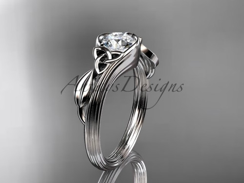 Elegant Celtic trinity knot engagement ring featuring 1 carat lab grown diamond with nature inspired details in 14k white gold, IGI certified by Anjays Designs.
