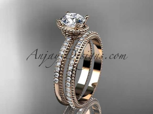 14kt rose gold diamond unique engagement set, wedding ring with "Forever One" Moissanite center stone ADER86S