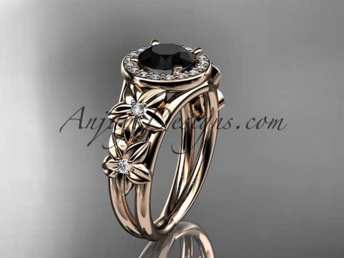 14kt rose gold diamond floral wedding ring, engagement ring with a Black Diamond center stone ADLR131