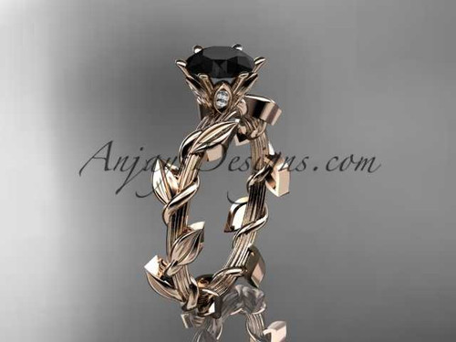 Unique 14kt rose gold diamond floral wedding ring,engagement ring with a Black Diamond center stone ADLR248