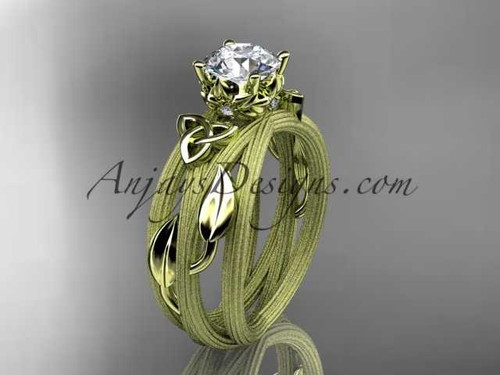 14kt yellow gold diamond celtic trinity knot wedding ring, engagement ring with a "Forever One" Moissanite center stone CT7253